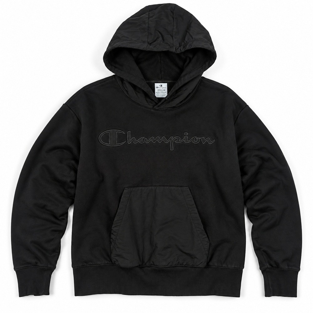 Champion Hoodie Women Medium Black Mixed Media Embroidered Logo Pullover Pocket